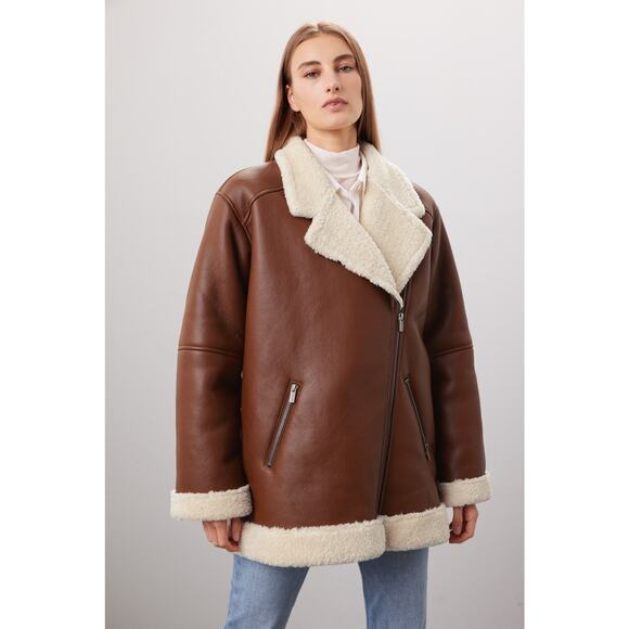 SPLENDID Earhart Brown Faux Leather Aviator Collar Jacket Size Extra Small - Picture 1 of 16